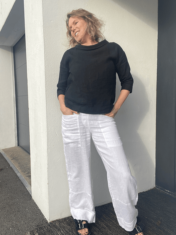 11033 Bukse Patch Pockets, White, Lin